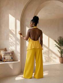 BamGleam Áo kiểu nữ màu vàng cổ xếp ly thiết kế mới, thích hợp cho mùa xuân, ngày lễ tình nhân, năm mới, phong cách nhiệt đới năng động, phù hợp cho du lịch, mặc hàng ngày, đi học, dự tiệc và tụ họp. - Màu vàng - View 3