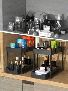 1pc Under Sink Pull-Out Storage Rack With Hooks, Single-Tier Sliding Drawer Organizer, Easy To Assemble And Clean For Kitchen Cupboard, Kitchen Storage Utensils, Storage Box, Organizer, Room Decoration, Suitable For Kitchen, Restaurant, Party, Camping, Gathering, Gift For Friends, Family Gift - Multicolor - View 4
