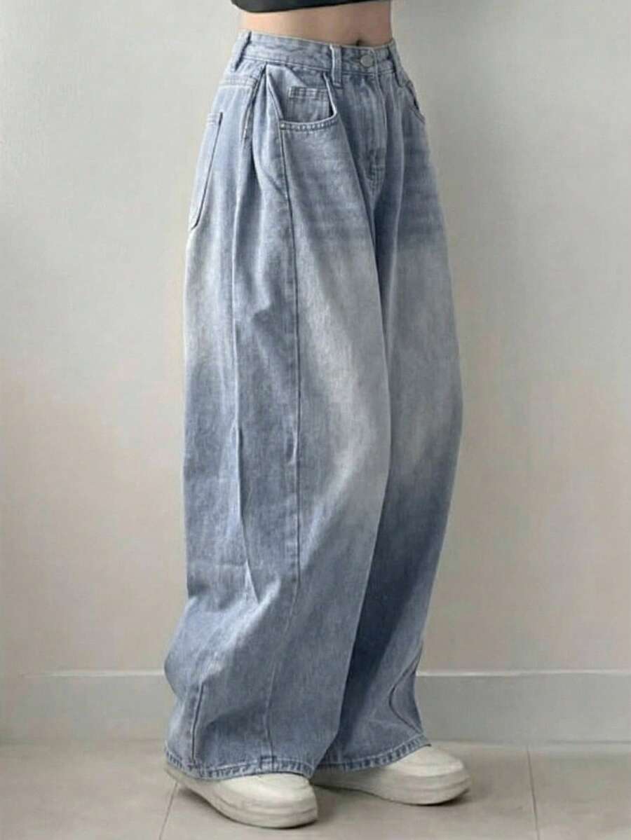 DAZY Quần jeans nữ ống loe dáng suông, chất liệu denim mài, thích hợp cho mùa hè. - Rửa nhẹ - Xem 1