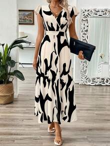 EMERY ROSE Abito da donna con scollo a V, stampa astratta nero e albicocca, taglie comode, vestito a-line con vita snellente, adatto per l'estate - Multicolore - Visualizzare 6