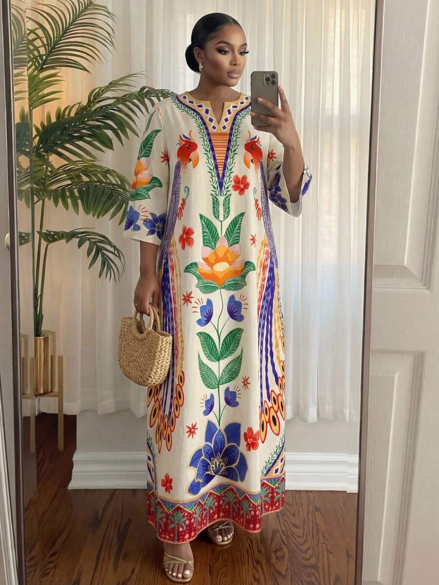 SHEIN Lady CURVE 大码V领宽松复古中长连衣裙