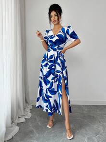 Elenzga Elegant Tie-Cinched Waist Puff Sleeve Leaf Print Long Split Dress For Women, Spring/Summer - Blue and White - View 7