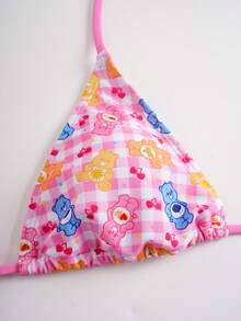 SHEIN X Care Bears Bộ bikini buộc cổ in hình gấu hồng và kẻ caro - Hồng - Xem 3