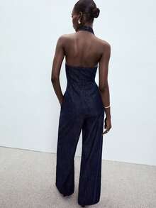 ATUI Studio 女士休闲性感露背吊带牛仔连体裤，带侧袋，适合夏季度假 - 藏蓝色 - 查看 2