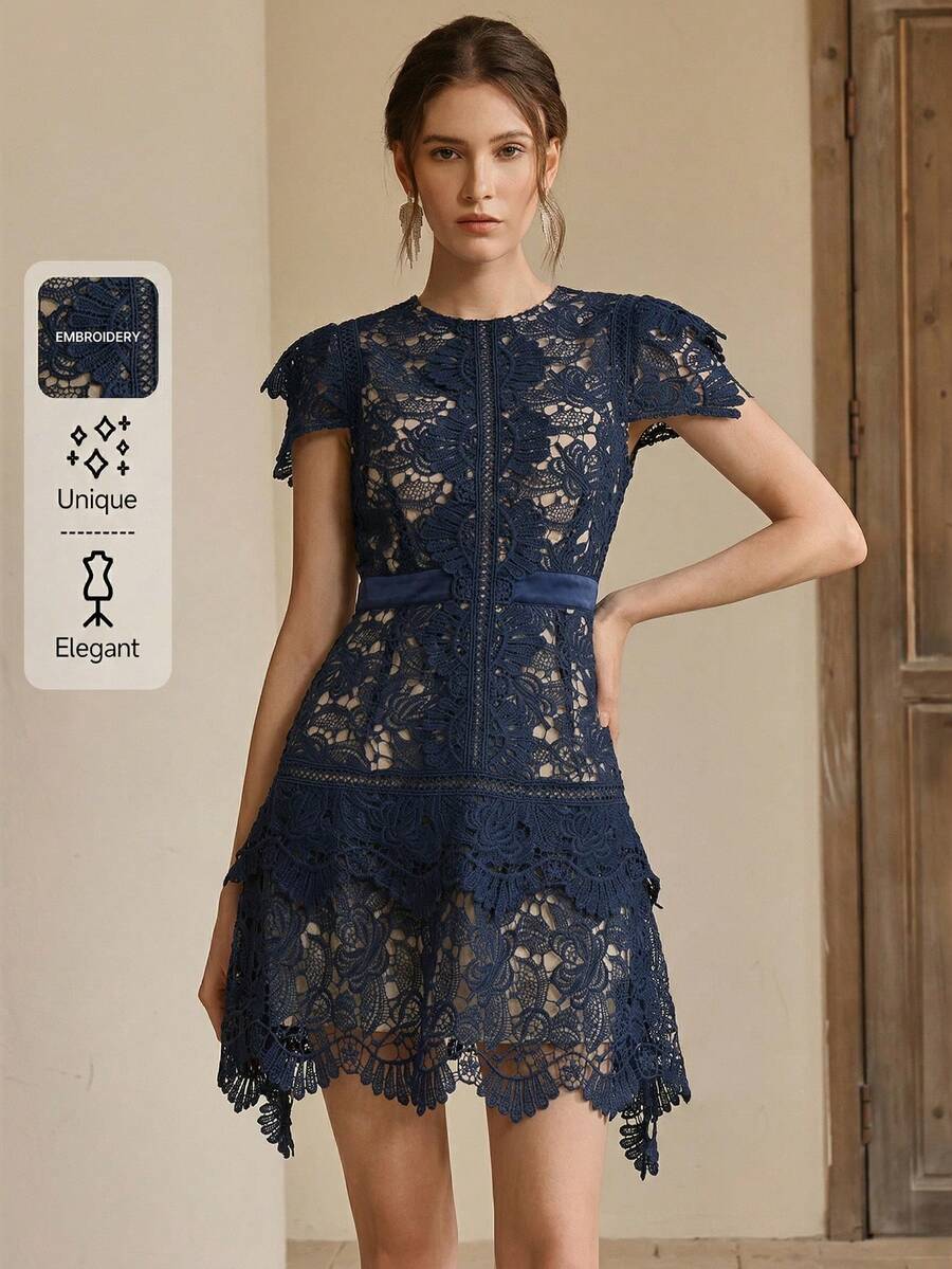 Anewsta Đầm ren khoét lỗ thêu hoa phối hợp tay ngắn cổ tròn, kiểu dáng thanh lịch dành cho nữ, thích hợp cho mùa xuân, kỳ nghỉ và lễ hội. - Màu xanh lam - Xem 1
