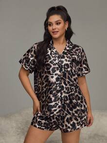 HautHeat Conjunto de pijama de top de manga corta y pantalones cortos con estampado de leopardo talla grande - Café integral - Ver 4