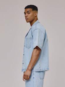 Musero Oversized Washed Short Sleeve Jean Style Jacket Revere Collar Button Through Front Pocket Denim Shirt Top Spring Summer Holiday Essentials - Light Wash - View 3