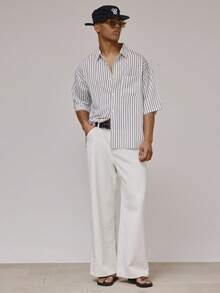 宽松款纽扣短袖落肩领衬衫，前袋细节设计，细条纹面料，春夏必备沙滩装 - 彩色 - 查看 5