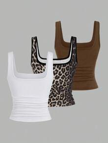 EMERY ROSE Bộ 3 món áo vest không tay và áo tank top mùa hè dành cho nữ, kiểu dáng thường ngày, màu trơn và họa tiết in. - Nhiều màu - Xem 2