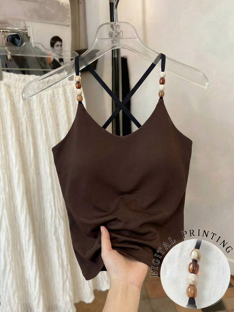 Sparklyn Áo hai dây dáng ôm màu nâu kaki phong cách bohemian dành cho nữ tuổi teen, thích hợp cho kỳ nghỉ, du lịch, đi học và mặc hàng ngày. - Màu nâu  Mocha - Xem 1