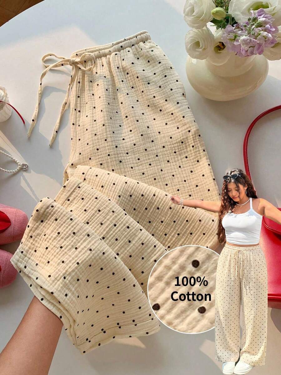 Muchica 大码女式波点抽绳腰休闲百搭阔腿裤，适合日常穿着 - 彩色 - 查看 1