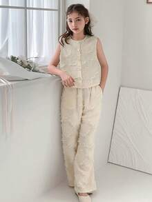 2pcs Tween Girl Fall Clothes Set - Thin Top And Pants,Back To School Clothes - Apricot - View 3