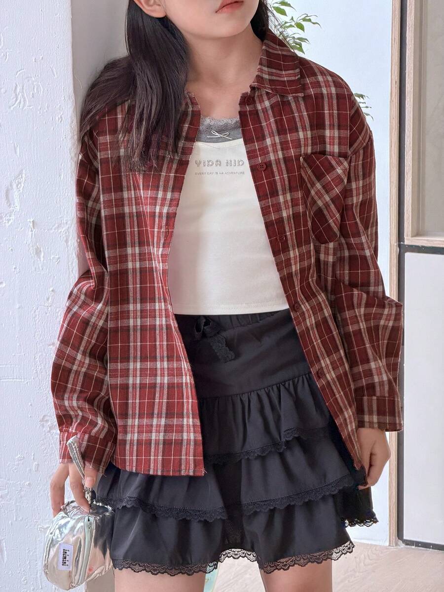DAZY Tween Girl Fall Clothes Turndown Collar Plaid Long Sleeve Casual Shirt Spring - Red - View 1