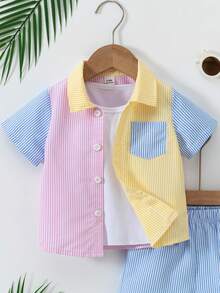 SHEIN 男婴休闲条纹衬衫短裤套装 - 彩色 - 查看 5