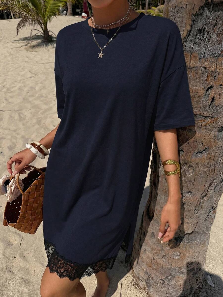 Livesso Women Solid Color Lace Patchwork Round Neck Loose Nightgown Pajama, Moo Moo Night Dress - Navy Blue - View 1