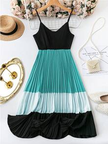 SHEIN LUNE Đầm hai dây dáng rộng phối màu tương phản dành cho nữ. - Màu xanh lam - Xem 1