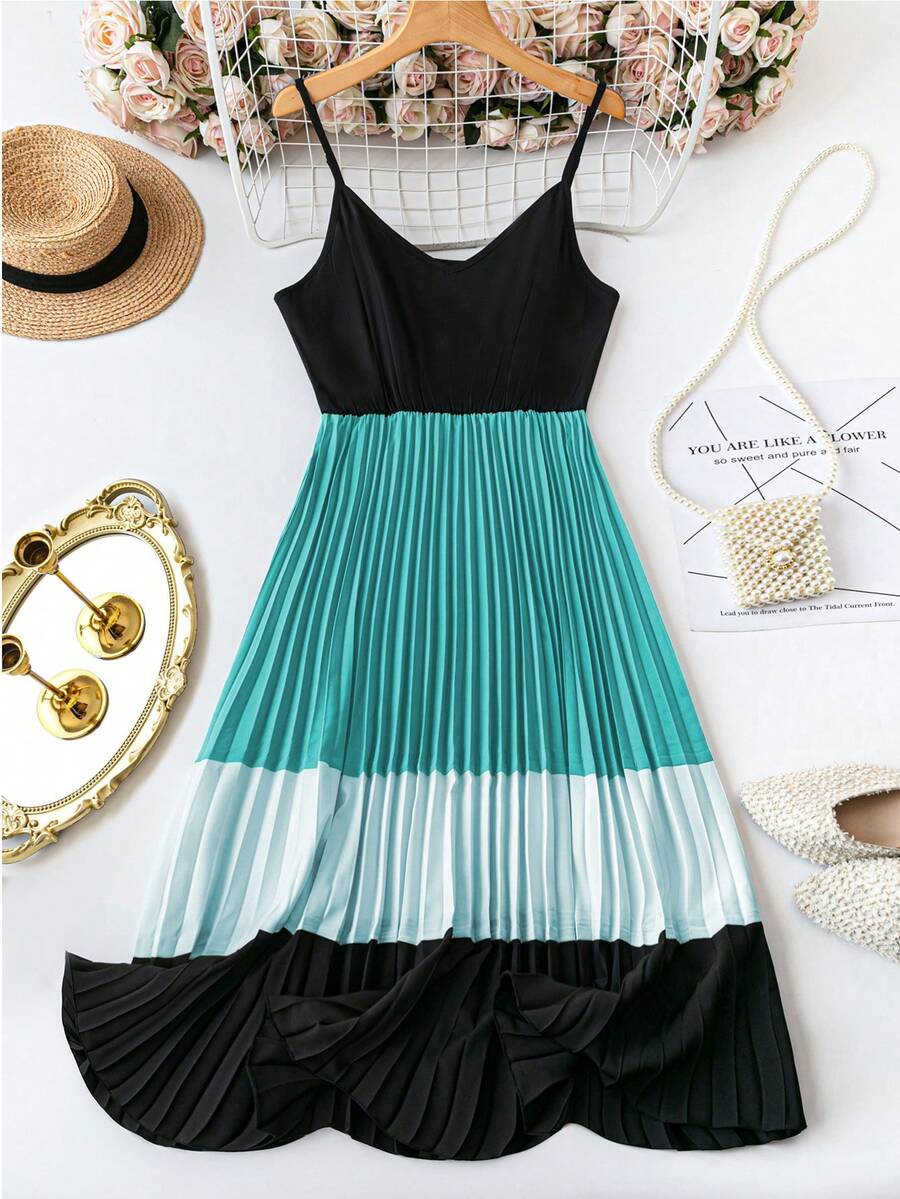 SHEIN LUNE Đầm hai dây dáng rộng phối màu tương phản dành cho nữ. - Màu xanh lam - Xem 1