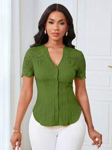 Lunelith SHEIN Lunessa Commuting Minimalist Solid Color Lace Splice Cutout Collar Blouse For Women - Green - View 6