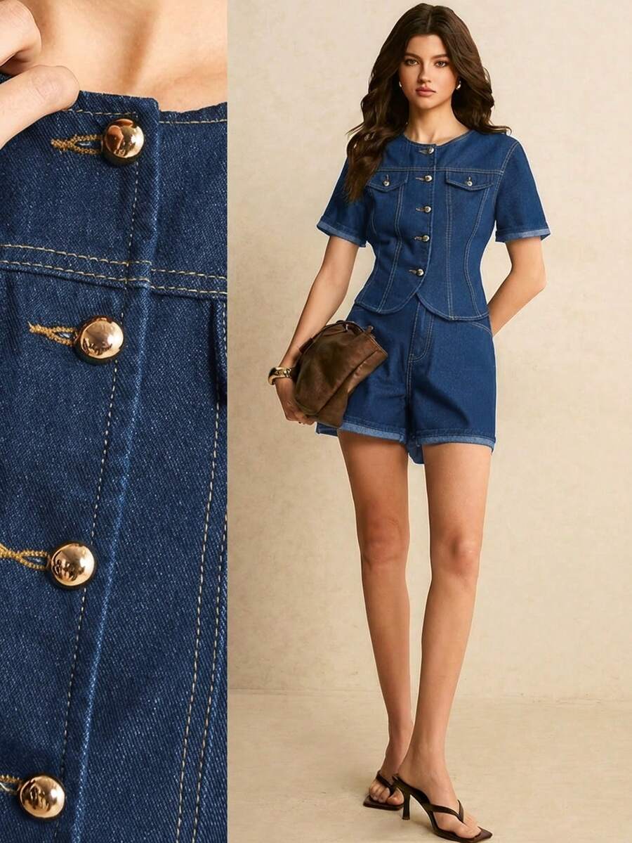 Poéselle Bộ áo và quần short denim nữ kiểu dáng thường ngày, thích hợp cho mùa hè. - Rửa trung bình - Xem 1