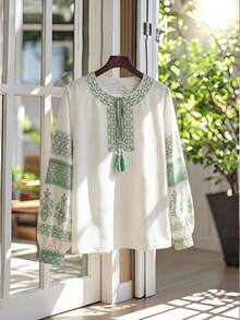 Lacomfia Áo kiểu nữ tay phồng in họa tiết, thích hợp mặc mùa xuân/hè. - Màu xanh Bạc hà - Xem 1