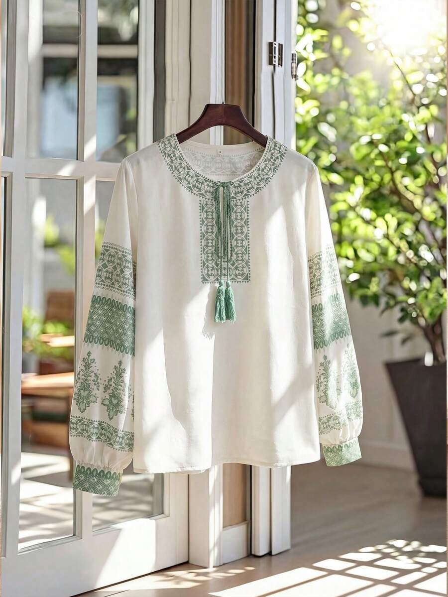 Lacomfia Áo kiểu nữ tay phồng in họa tiết, thích hợp mặc mùa xuân/hè. - Màu xanh Bạc hà - Xem 1