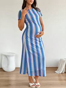 SHEIN 夏季孕妇休闲条纹短袖连衣裙 - 藍白色 - 查看 9
