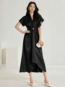 Heiryn Women's Solid Color Metal Decor Ruched Elegant Party Dress,Summer Dresses For Women - Black - View 7