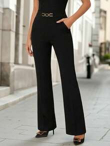 Editum 女士金属装饰口袋百搭修身优雅喇叭裤，适合通勤 - 黑色 - 查看 4