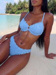 Vaytide Bộ bikini đi biển thường ngày bằng vải jacquard màu trơn viền bèo nhún dễ thương dành cho nữ - Màu xanh lam - Xem 1