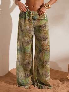 SHEIN Tall CURVE Quần ống rộng dáng suông in họa tiết lá cây dành cho nữ cỡ lớn, thích hợp mặc hàng ngày. - Nhiều màu - Xem 5