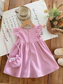 SHEIN LMoss Kids Buy One Get One Free 2-Piece Set Including A Free Crossbody Bag. Cute Baby Girl Woven Embroidered Round Neck Ruffle Hem Dress With Diagonal Shoulder Bag, Sisters Outfit, Suitable For Spring And Summer. - Pink - View 2