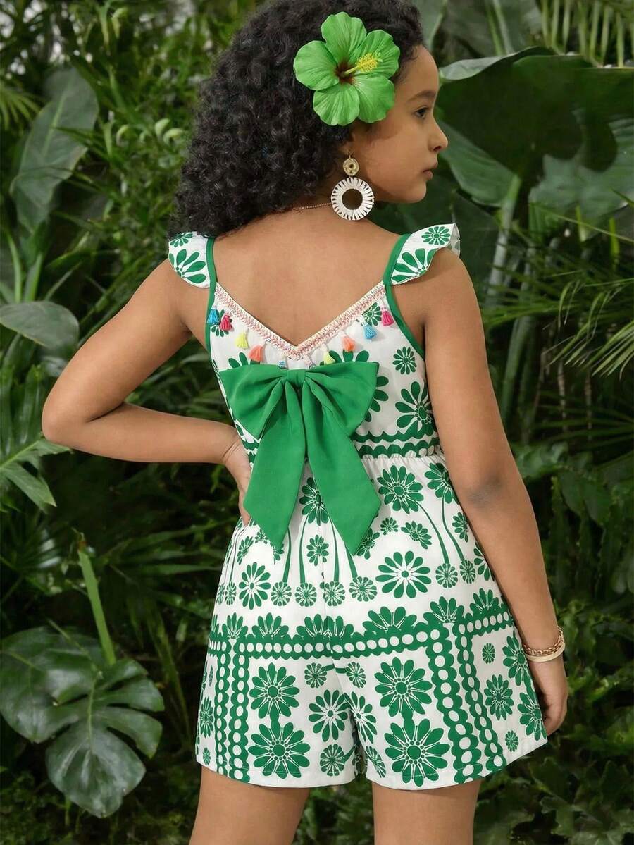 Tween Girl Green And White Floral Backless Jumpsuit,Summer Boho Vacation Holiday Outfit With Flutter Sleeves,Large Bow And Colorful Tassel Trims - Green - View 1