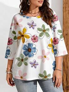 EMERY ROSE Plus Size Women's Fashion Floral Print Drop Shoulder T-Shirt, Suitable For Summer Ladies Tops - Multicolor - View 6