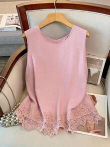 GlowEve CURVE Áo tank top ren trang trí nơ cho nữ cỡ lớn, kiểu dáng thời trang cổ điển, thanh lịch, thường ngày, thích hợp cho kỳ nghỉ, không tay. - Hồng - Xem 3