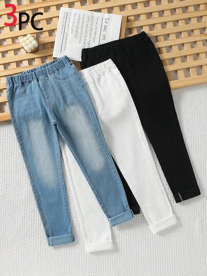 SHEIN Vintaside Kids 3pcs/Set Girls' Casual Jeans Pants, Light Blue Denim / White / Black, Suitable For Back To School, Elastic Waist Design, Comfortable, Cuffed Hem, Soft Cotton Denim Fabric, Slim Fit, Versatile For Daily Wear, Spring & Autumn
