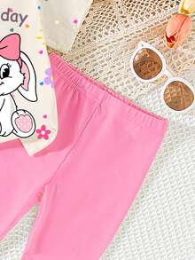 一套女婴可爱兔耳豹纹爱心图案圆领短袖T恤和针织长裤套装，卡通兔子印花服装，春夏日常夏季穿搭T恤套装 - 彩色 - 查看 4