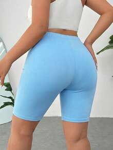 SHEIN EZwear 大码女式纯色休闲百搭日常修身短裤 - 藍色 - 查看 2