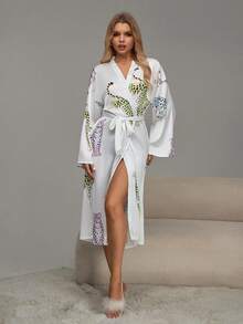 Women's Casual Leopard Print Loose Fit Robe For Daily Wear - White - View 5