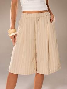 Avantive Quần short vest sọc màu kaki cho nữ, trang phục mùa hè đi biển, nghỉ lễ, du lịch thành phố, mặc thường ngày, công sở, đi xem hòa nhạc, quần culottes sọc cho nữ petite, phong cách business casual - Màu Khaki - Xem 8