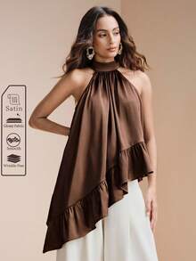 Arave 女士宽松立领无袖不对称荷叶边下摆休闲通勤上衣 - 咖啡棕 - 查看 5