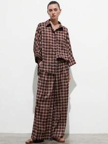 Aveloria Modichic Bộ đồ 2 mảnh dáng rộng in họa tiết kẻ caro nhuộm tie-dye cổ điển - Áo sơ mi dáng rộng có xẻ tà và quần tay lửng, trang phục thoải mái thường ngày cho trường học, công sở, kỳ nghỉ, mặc hàng ngày. - Nhiều màu - Xem 4