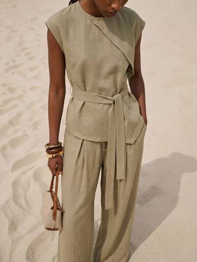 Zivah 2026 Spring/Summer New Valentine's Day, Music Festival, Easter, Western, Nomadic, Bohemian, Nashville Party, Wedding, Evening, Date, Gathering, Birthday Round Neck Layered Ruffle Waist Tie Blouse + Wide Leg Pants Set, Real Pockets, Bamboo Fiber Fabric, Khaki Working Dress For Women Two Piece Set Women Womens Work Clothes Wide Leg Pants Women Work Outfits Women