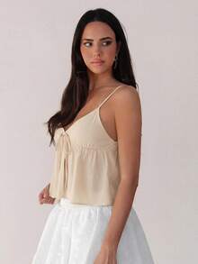 Almamuse Áo tank top dáng rộng, màu trơn, hai dây mảnh, buộc dây, xếp ly, thích hợp cho mùa hè. - Màu be - Xem 5