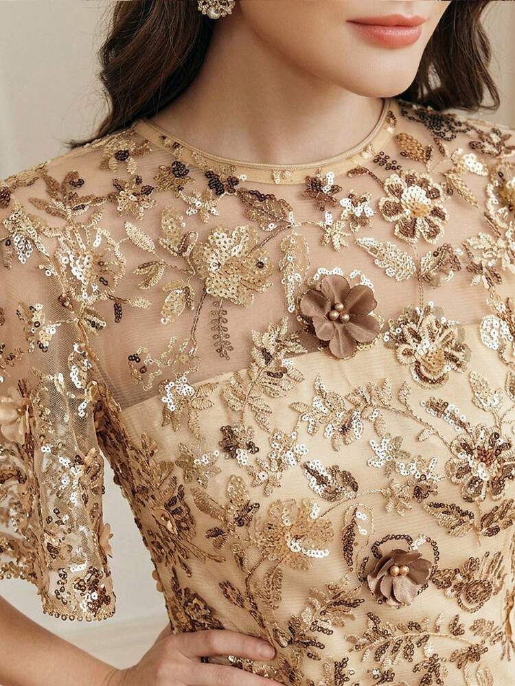 Elegant Navy Blue Floral Mesh Ruffle Trim Sequin Embellished Short Sleeve Dress, Suitable For Party, Date, Resort Wear, Spring/Summer Outfits