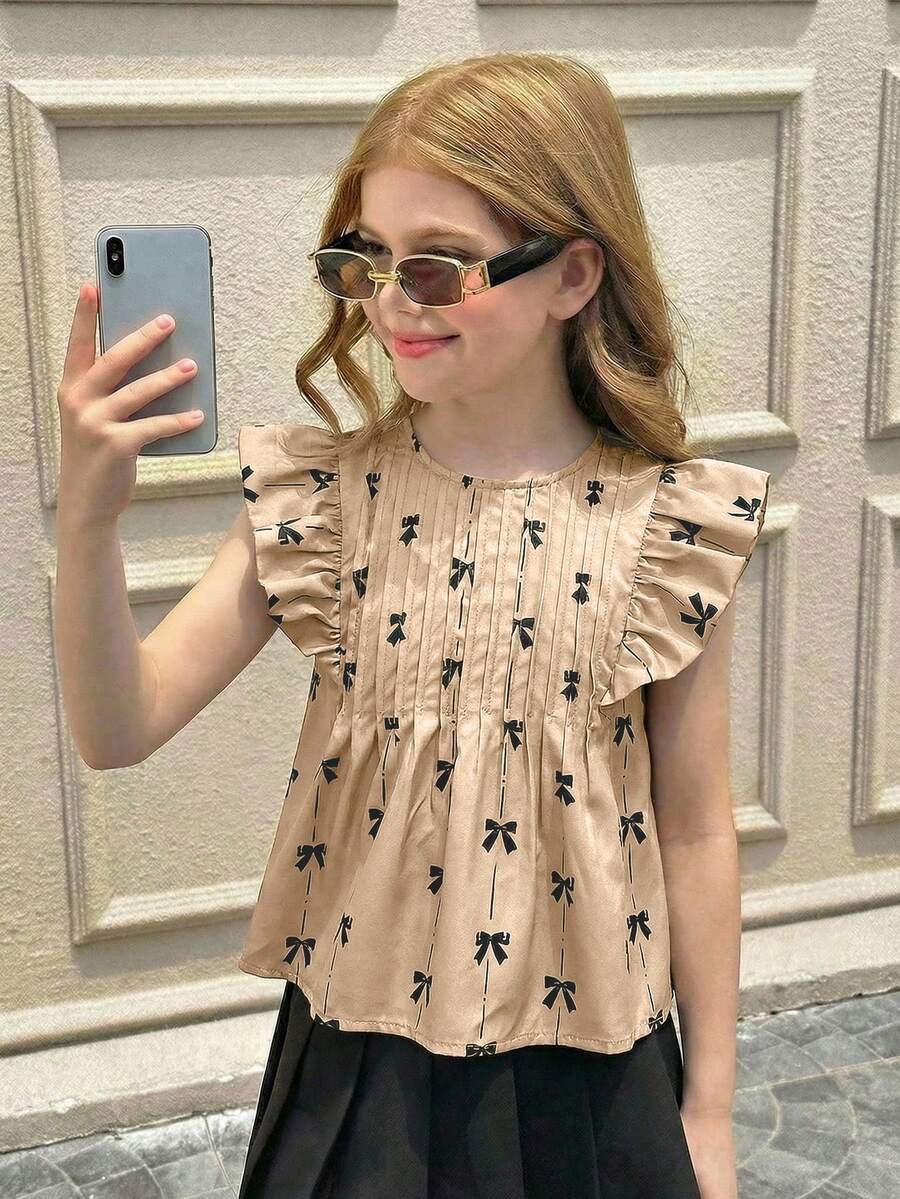 SHEIN Áo kiểu tay ngắn cổ tròn dáng rộng in nơ cho bé gái tuổi teen - Màu Khaki - Xem 1