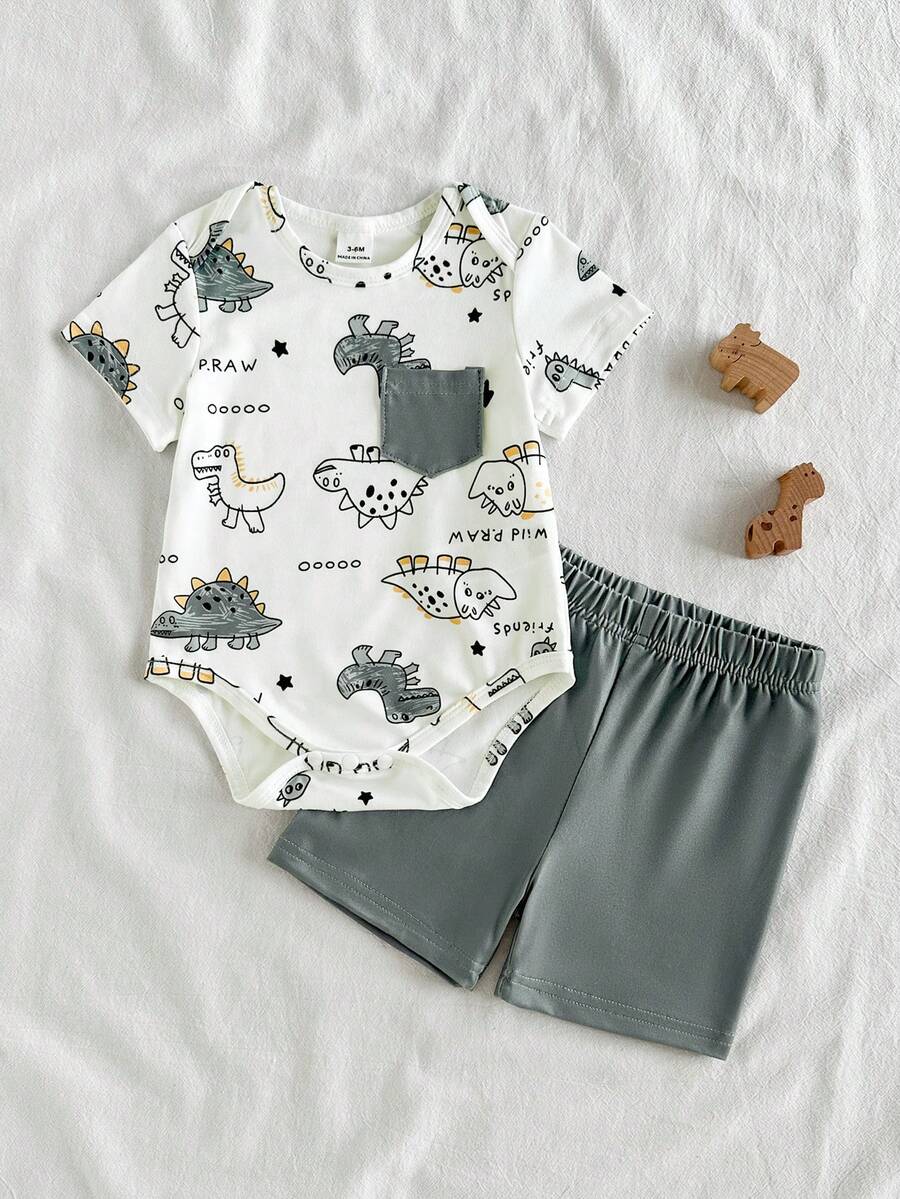 SHEIN Vintaside Kids Bộ 2 món cho bé trai sơ sinh: áo liền quần tay ngắn màu nâu in sọc xanh trắng có túi và quần short cạp chun, mềm mại và thoải mái, thích hợp mặc ở nhà và ngoài trời, mùa xuân/hè, quần short cho bé trai, quần áo sơ sinh, quần áo bé trai 0-9 tháng tuổi. - màu xanh lá - Xem 1
