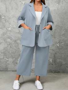 EMERY ROSE 2pcs Plus Size Striped Cuff Long Sleeve Top And Pants Set Fall - Dusty Blue - View 5