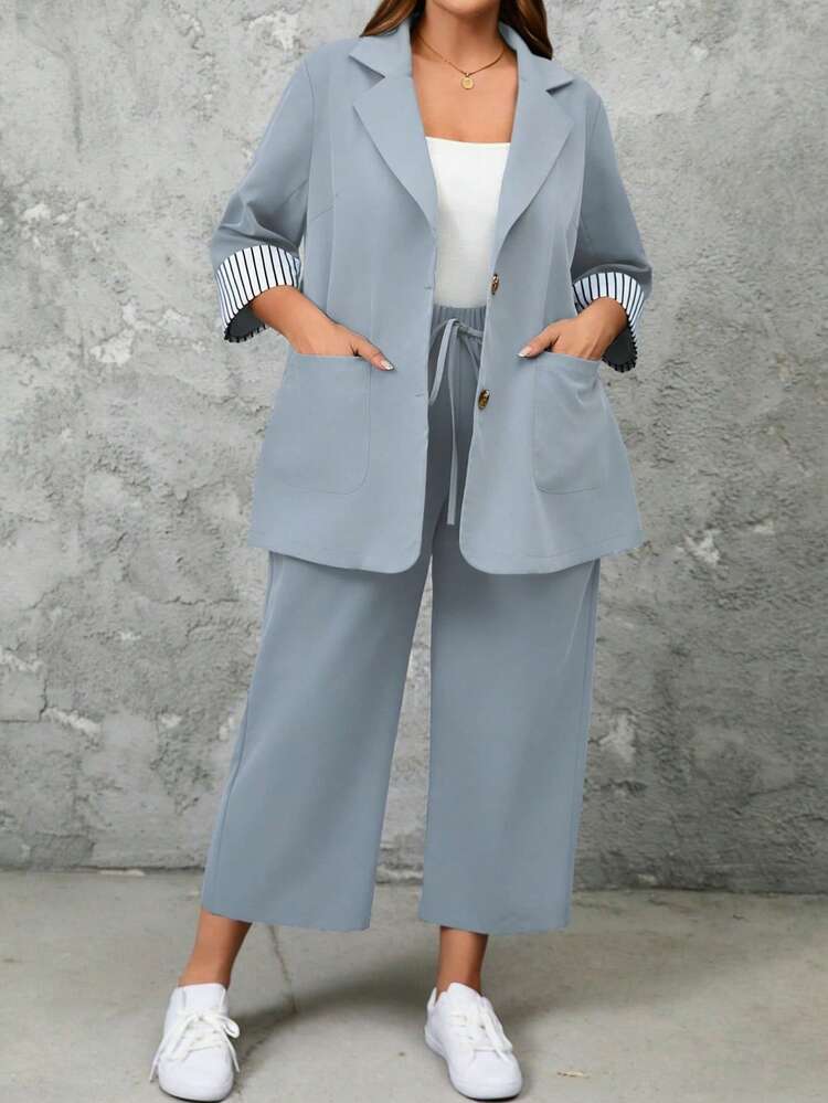 EMERY ROSE 2pcs Plus Size Striped Cuff Long Sleeve Top And Pants Set - Dusty Blue - View 5