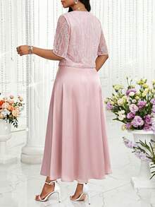 SHEIN Lady Bộ đồ dự tiệc thanh lịch dành cho nữ, gồm áo và váy lưới đính sequin, gồm 2 món. - Hồng - Xem 2