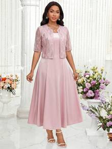 SHEIN Lady Bộ đồ dự tiệc thanh lịch dành cho nữ, gồm áo và váy lưới đính sequin, gồm 2 món. - Hồng - Xem 5